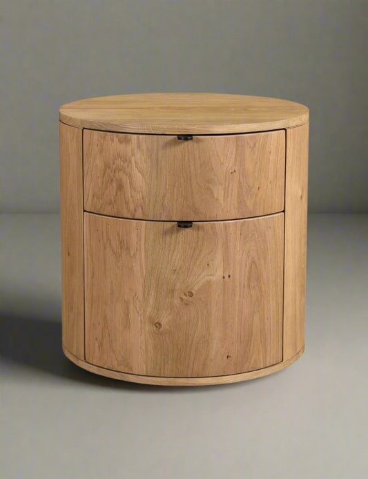 Pair of Lulu & Georgia Oak Wood Round Kono 2-Drawer Nightstands FFE258-205