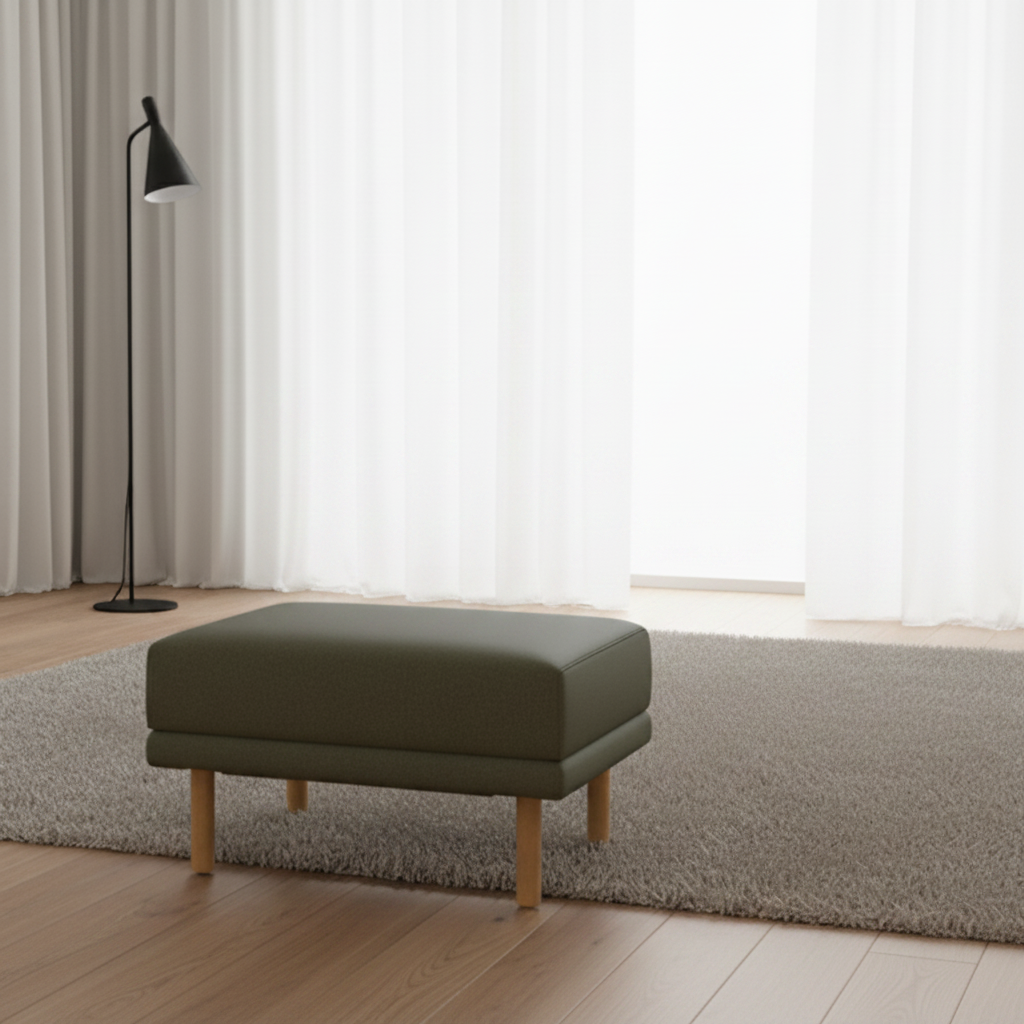Burrow Moss Green Performance Flatweave Walnut Wood Range Ottoman FFW-1448
