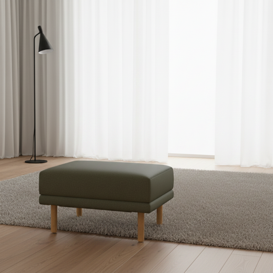Burrow Moss Green Performance Flatweave Walnut Wood Range Ottoman FFW-1448