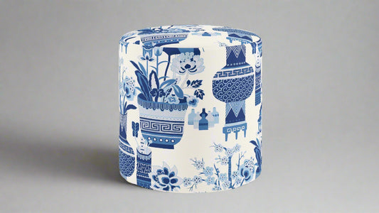 Drum Ottoman Fully Upholstered Delft Blue Kan-Shie By CW Stockwell  FFE258-431