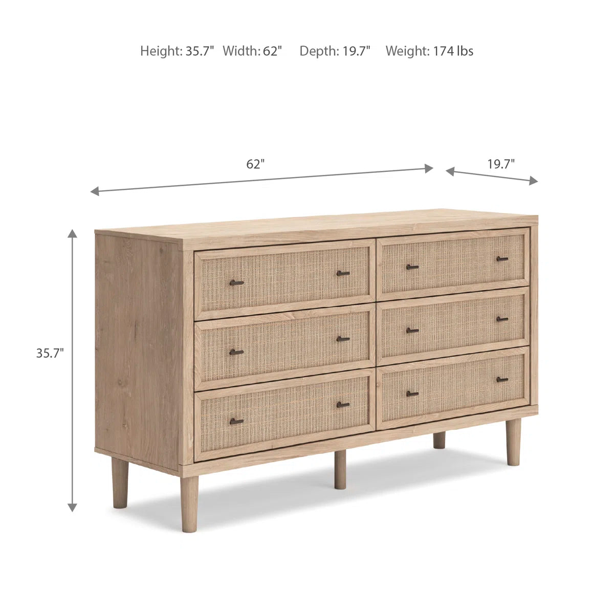 Ebern Design 6 Drawer Oak Grain Beige Cane Marmion Dresser FFE-1168
