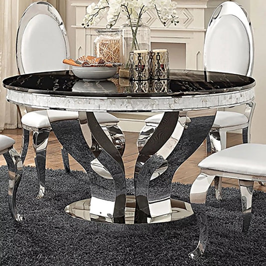 Traditional Faux Marble Round Dining Table w Mosaic Tile Edge & Chrome Base FFE258-47