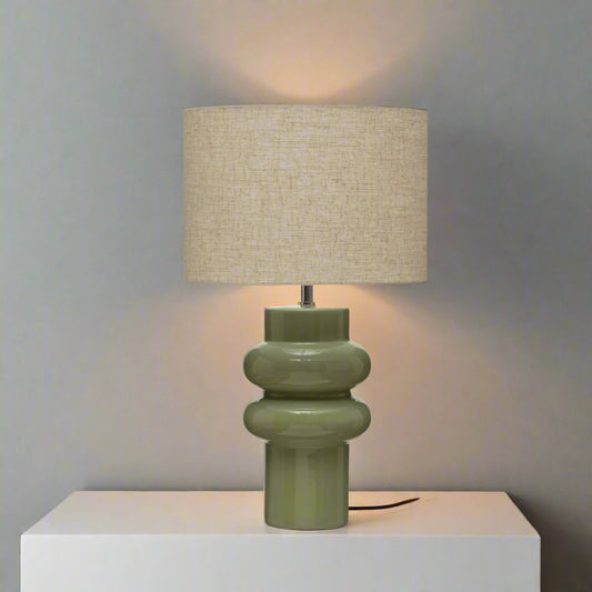 Pair (2) Bloomingville Green Stoneware Table Lamps w  Linen Shade FFE258-536