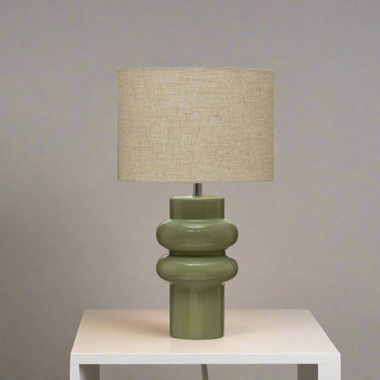 Pair (2) Bloomingville Green Stoneware Table Lamps w  Linen Shade FFE258-536