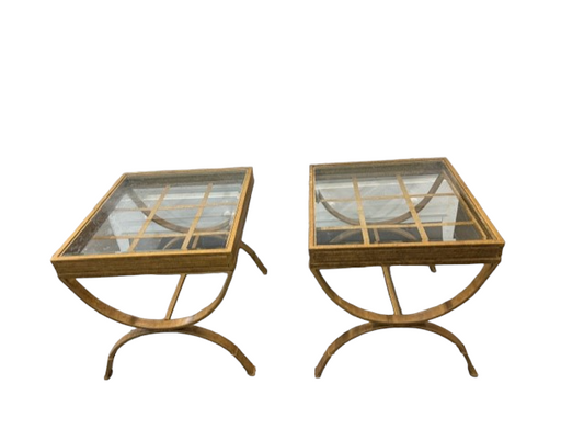 Pair Tin Glass Top Lattice X Frame Side End Tables Nightstands EK221-211