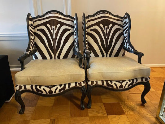 Pair of Massoud Mendosa Zebra Floral Upholstered Wing Chairs KK270-1