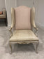 Pair of Massoud Beige Leather Captain Fortuni Blush/Gold Silk Wing Chairs KK270-12