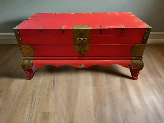 Vintage Chinese Red Lacquered Wood & Brass Hinged Chest SH265-27