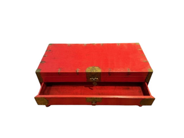 Vintage Chinese Red Lacquered Wood & Brass Hinged Chest SH265-27