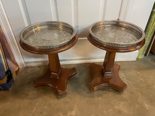 Pair 1900 c French Empire Pedestal Stand Tables Etched Brass Tray Planters EK221-22