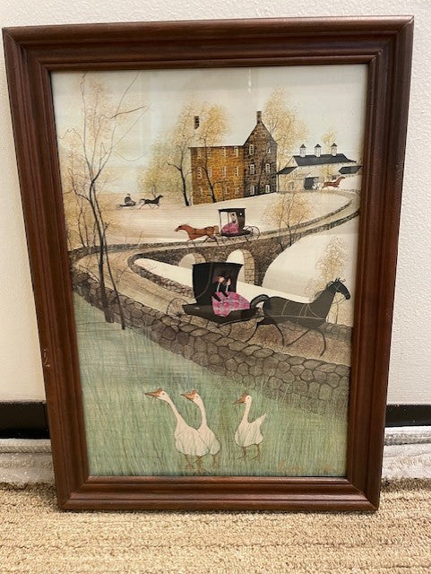 P Beverly Moss Signed Farm Carriage Geese Lithograph COA EK221-59