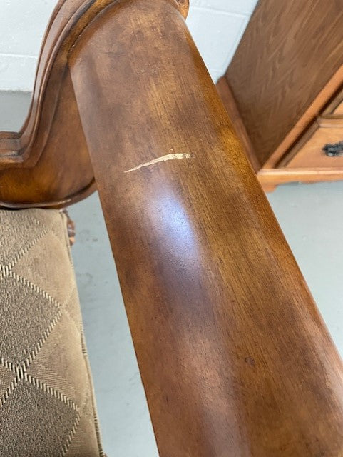 Vintage Rolled Arm Carved Wood & Upholstered Bench EK221-82