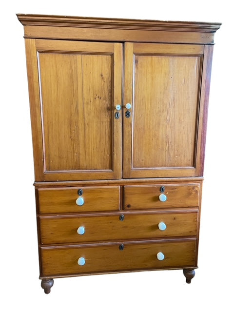 Vintage c 1830 Pine Linen Press on Chest Armoire Wardrobe Cabinet EK221-17