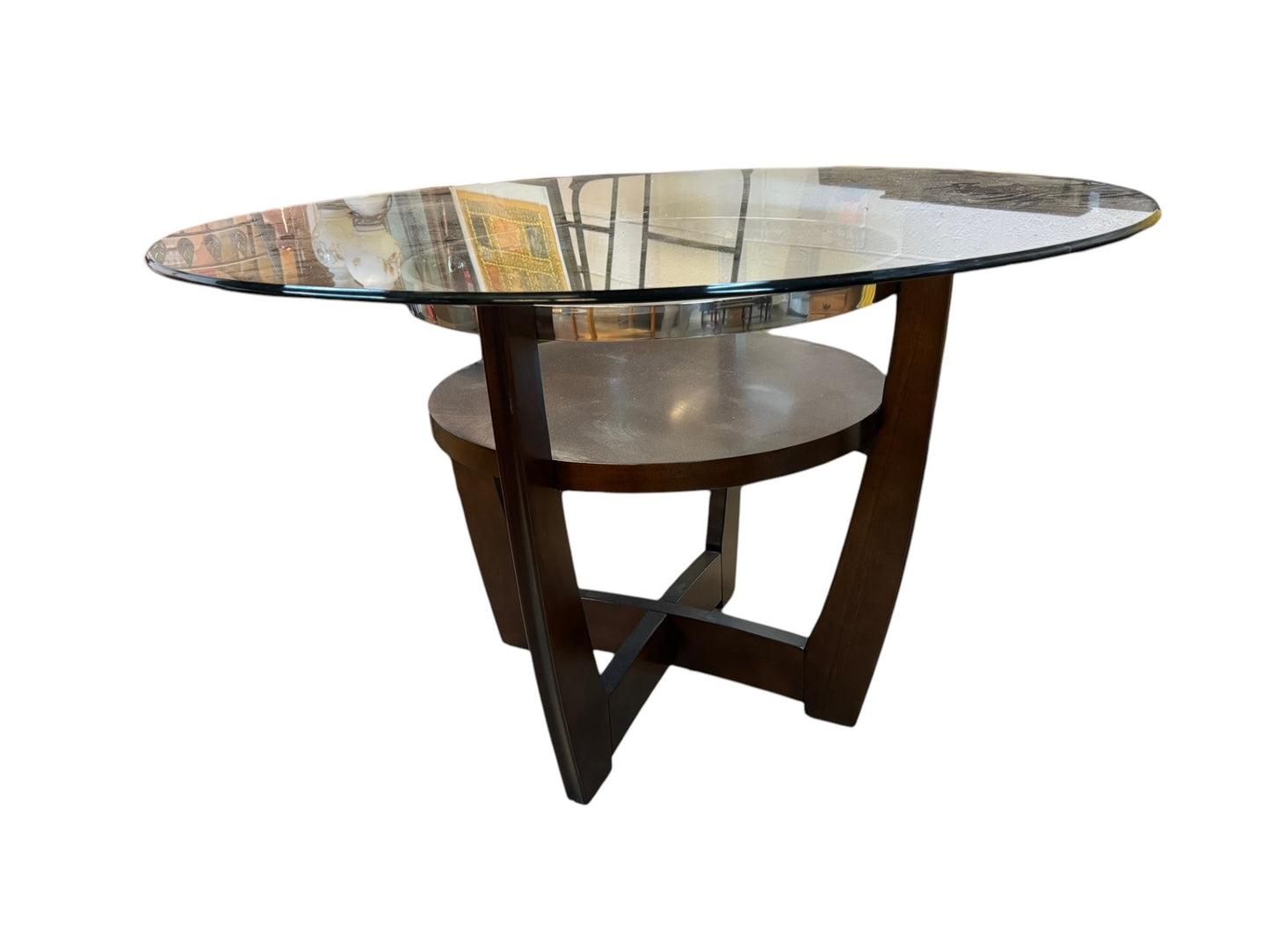 Mahogany Two Tiered Wood Glass Top Round Dining Table EK221-153