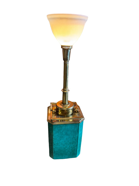 Tommi Parzinger Style Turquoise Ceramic Brass Handle Mid-Century Table Lamp EK221-229