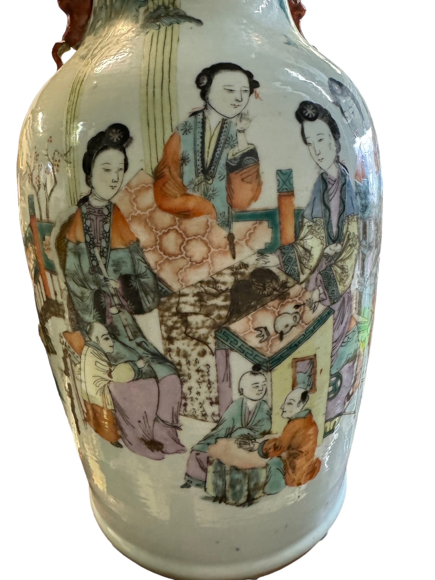 19C Rare Antique Chinese Porcelain Vase w Figures Writing Foo Dog Handles EK221-86