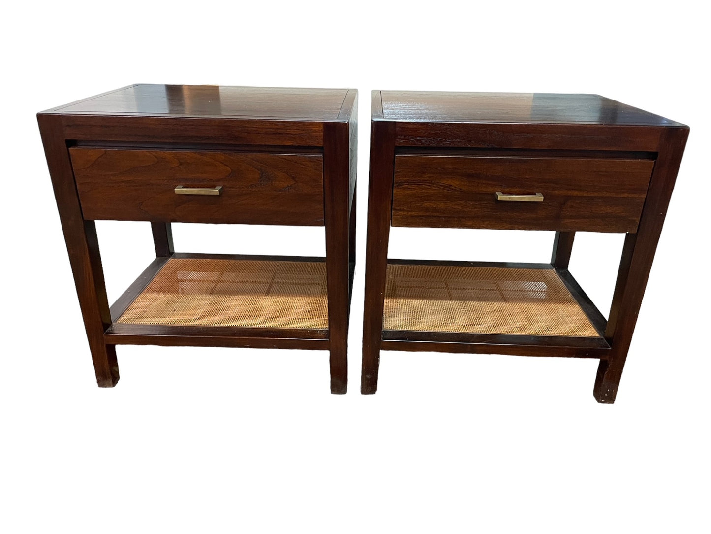 Pair Crate & Barrel Wood Dawson End Tables w Drawer & Wicker Shelf EK221-12