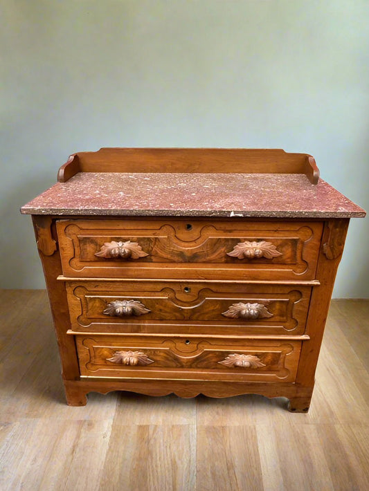 1880's Walnut Victorian Marble Top Ornate Carved Wood 3 Drawer Dresser JD235-1