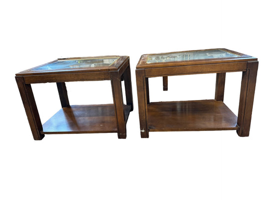 Pair Mid-Century End Tables w Cane Underneath Glass EK221-166