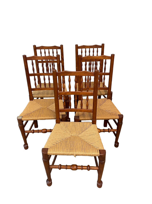 Set of 5 Lancashire 19th century spindle back chairs Rush Seats EK221-44