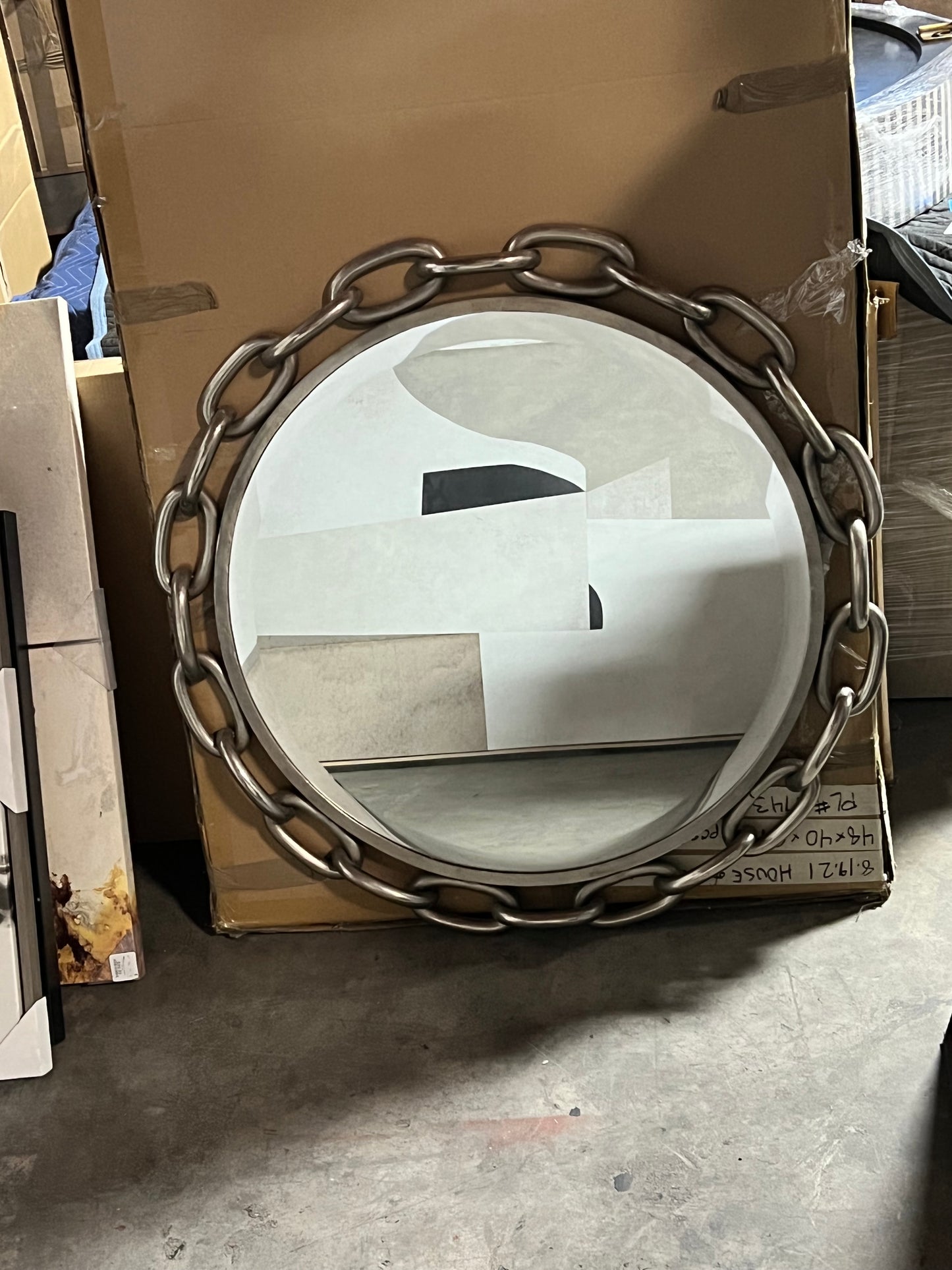 Luxe Round Iron Chain Link Wall Mirror 40" Silver Gray HOP104-112