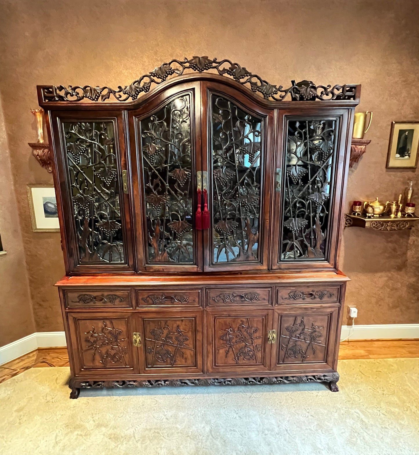 Vintage Rosewood China Cabinet with Carved Grape & Vine PD138-13