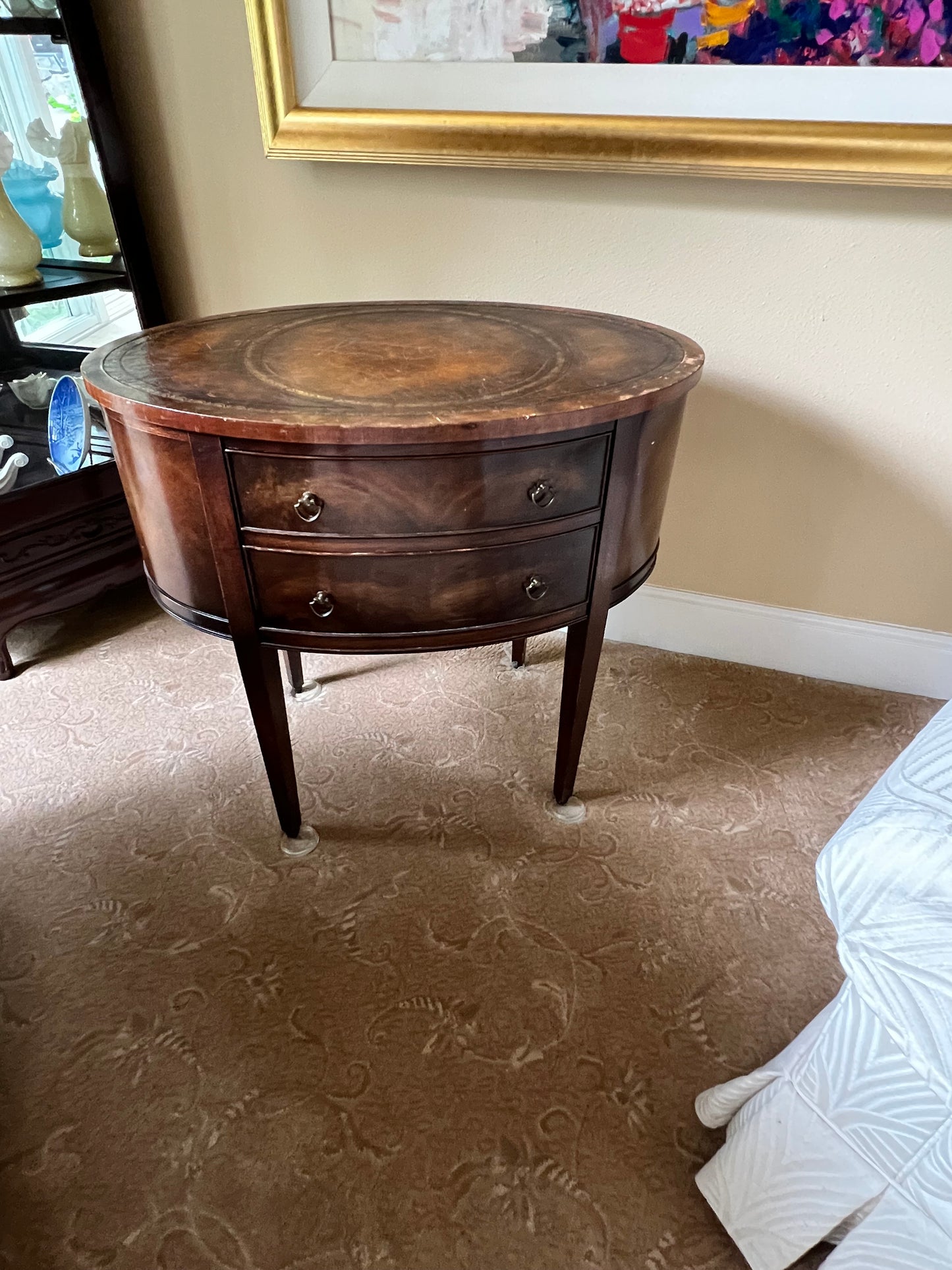 Vintage 2 Drawer Oval Chiffoniere Leather Top Wood Side Table PD138-18