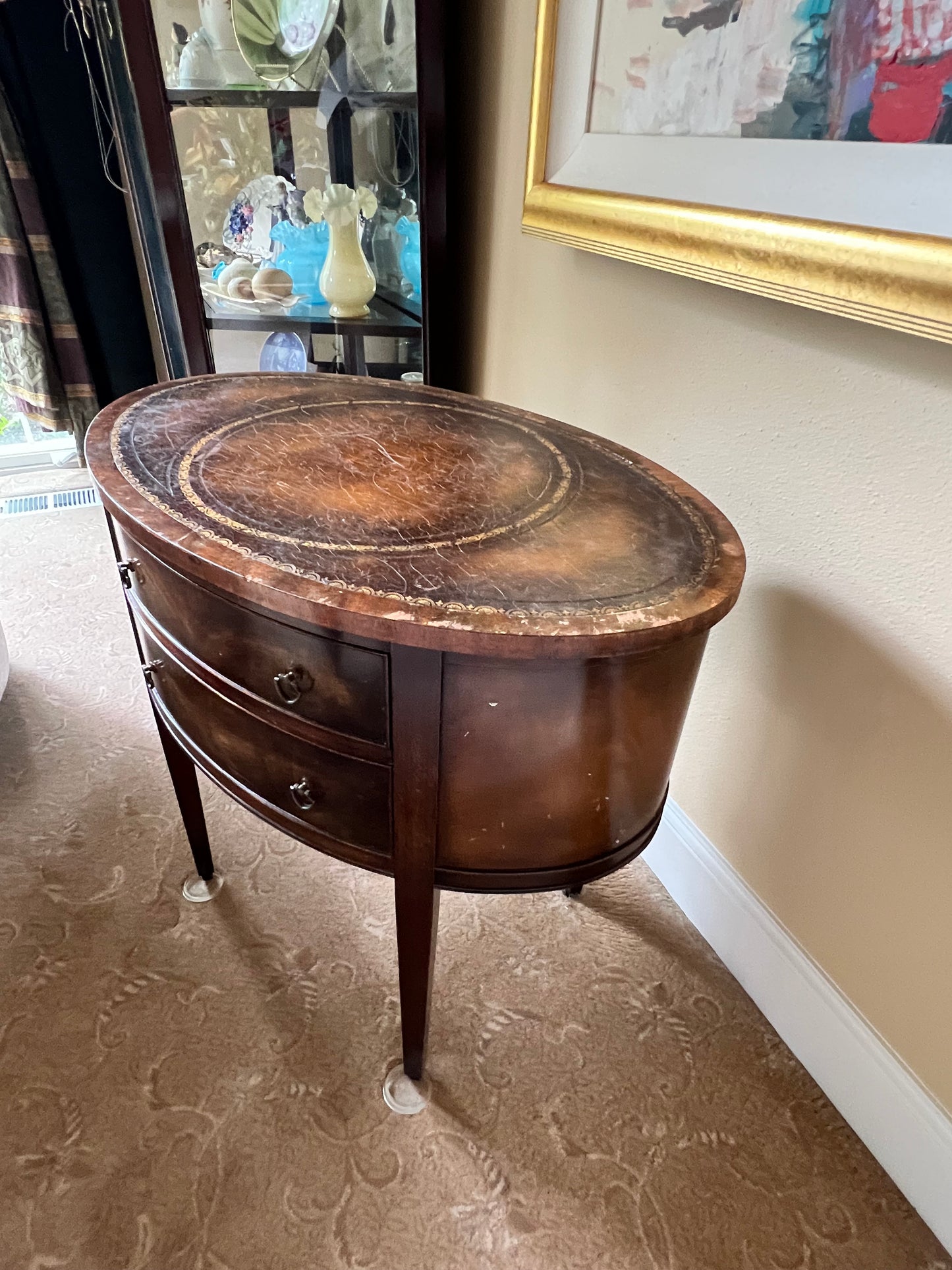 Vintage 2 Drawer Oval Chiffoniere Leather Top Wood Side Table PD138-18