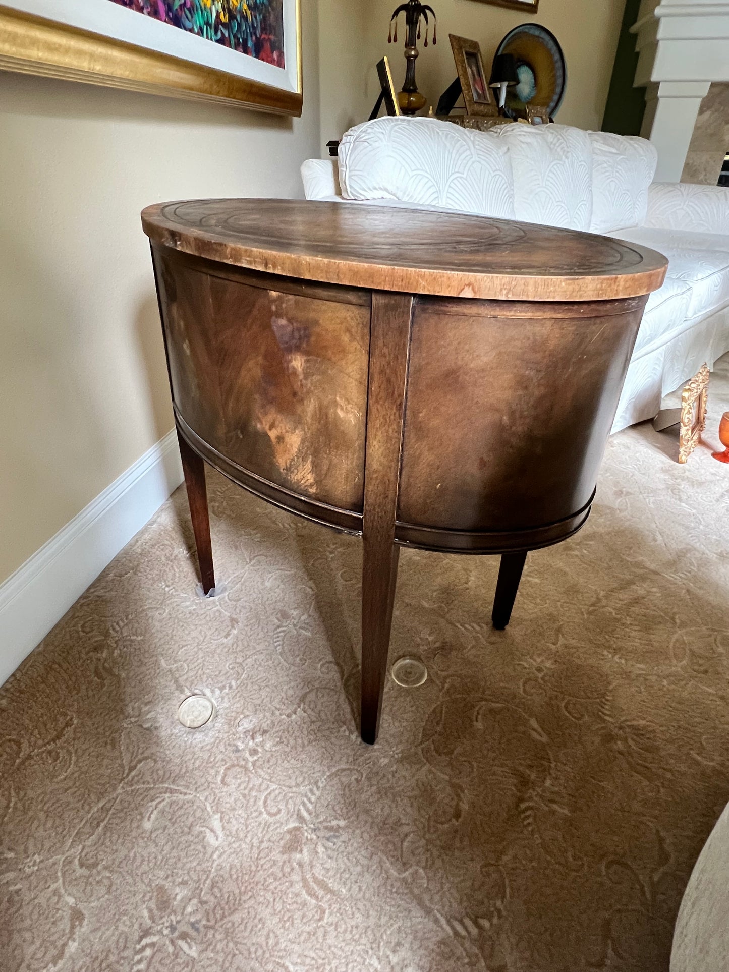 Vintage 2 Drawer Oval Chiffoniere Leather Top Wood Side Table PD138-18