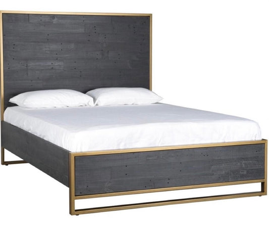 Grey Rustic Wood Queen Panel Bed with Brass Frame  - HOP104-B15