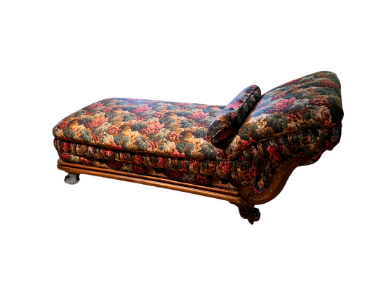 Antique Carved Wood Frame Chaise Lounge Floral Upholstery PD138-36