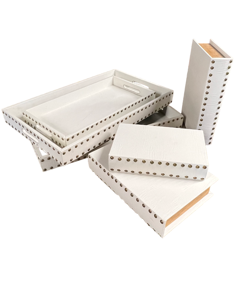 Set of 3 Grained Faux Leather Trays and 3 Books w/Studs JC155-10