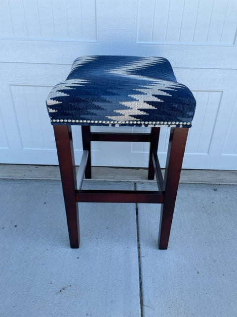 Set of 4 Custom Blue Aztec Upholstered / Wood Counter Stools AS110-1