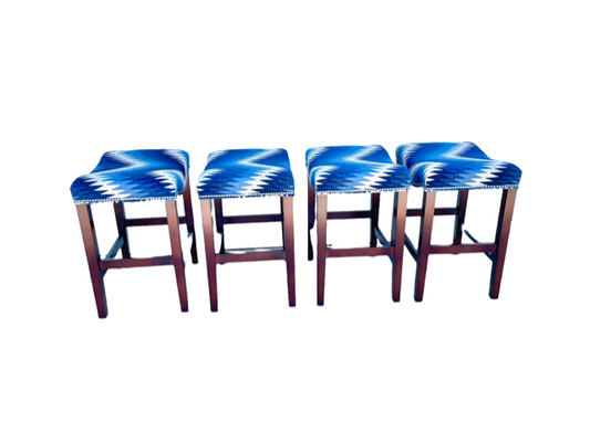 Set of 4 Custom Blue Aztec Upholstered / Wood Counter Stools AS110-1